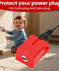 Electrical Plug Lockout Device For US 2 And 3 Prong Plugs Key Retaining Safety Lock 2 Pack OSHA LOTO Compliant Perfect For Home Office And Construction Site in use with red nylon lock secured on power plug near child