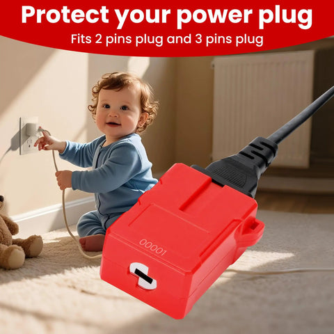 Electrical Plug Lockout Device For US 2 And 3 Prong Plugs Key Retaining Safety Lock 2 Pack OSHA LOTO Compliant Perfect For Home Office And Construction Site in use with red nylon lock secured on power plug near child