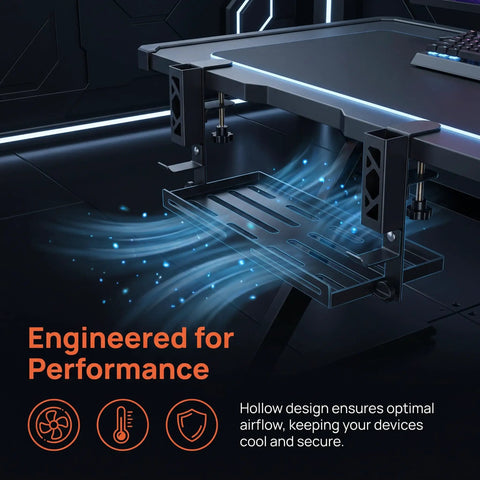 Adjustable Under Desk Laptop Holder With Integrated Cord Organizer Rack Quick Grip Edge Clamp showing airflow design for cooling.