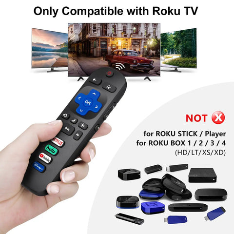 Hand holding a Two Pack Replacement Remote For Roku TV Compatible Smart TVs Infrared Universal Remote No Pairing Needed