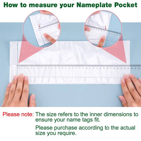 Diagram illustrating how to measure Upgraded Transparent Nameplate Pockets With Self Adhesive Back 12.4 By 4.5 Inch Clear Plastic View Name Tag Sleeves.