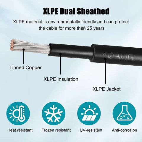 10 AWG Solar Extension Cable 2ft Black And 2ft Red Twin Wire, Tinned Copper with XLPE dual sheathing and resistance features