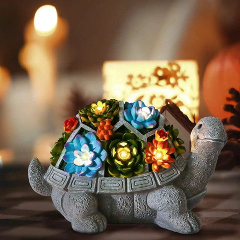 Solar Powered Turtle Garden Statue With 7 LED Lights, Cute Tortoise Figurine For Patio Backyard, Succulent Accent, No Wires Needed
