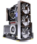 Open Frame PC Test Bench Case For DIY Rigs Aluminum Chassis For ITX MATX ATX EATX Motherboards Vertical Mount Open Air Design Liquid Cooling Ready 120 240 360 High Airflow Easy Build Black Finish with visible cooling fans and GPU installed.