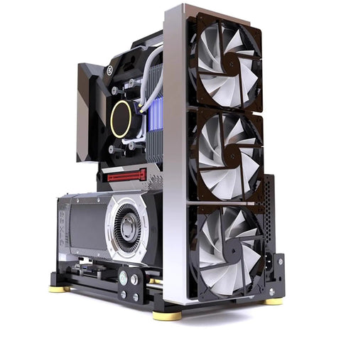 Open Frame PC Test Bench Case For DIY Rigs Aluminum Chassis For ITX MATX ATX EATX Motherboards Vertical Mount Open Air Design Liquid Cooling Ready 120 240 360 High Airflow Easy Build Black Finish with visible cooling fans and GPU installed.