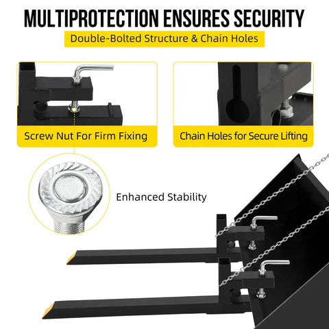 43 Inch Clamp On Pallet Forks For Bucket Attachments Heavy Duty Built Tough For Real World Jobs 2500 Lbs Capacity with Security Features