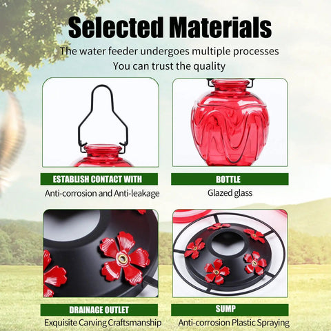 Red Glass Hummingbird Feeder For Outdoors Hanging 24 Ounce Nectar Feeder With Perch Five Flower Ports Leak Proof Base And Hook Garden Backyard Decor Gifts For Women Mom displayed in parts.