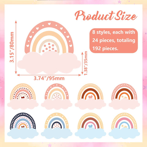 192 Piece Boho Rainbow Name Tags Self Adhesive Labels with 8 colorful styles, sizes shown in millimeters, perfect for classrooms and desks.