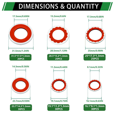 AC Compressor Port Bonded Seal Gasket Kit With 160 Seal Washers In Six Sizes For Auto AC Repair And Replacement So You Can Fix Leaks Fast No BS Guaranteed. Dimensions chart of six NBR washers, 1.3mm thick.