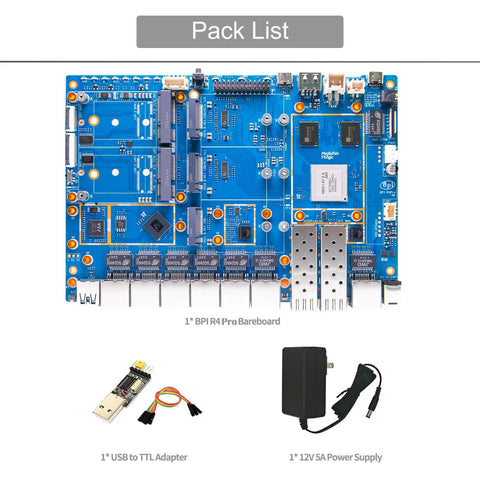 Next Gen Bpi R4 Pro Wifi 7 Router Board Packing Eight Gb Ddr4 And Mtk Rt7988a Core With Dual Ten Gig Sfp Plus Ports For Lightning Fast OpenWrt Homelab Rigs And Slick Nas Setups With Power Kit including motherboard, USB adapter, and power supply.