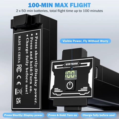 Get That Fresh 4K Drone With Camera For Adults Featuring A Nifty 5 Inch FPV Touchscreen For Smooth Flight Control Plus Smart GPS Auto Return And Follow Me Modes Ready To Capture Epic Shots Anytime battery indicator displaying 100% charge level.