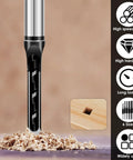 Close-up of Six Piece Square Hole Drill Bit Set High Speed Steel Mortising Chisel Bits For Woodworking Pine Mdf Particle Board 1/4 To 9/16 Inches, showing U-groove and wood shavings.