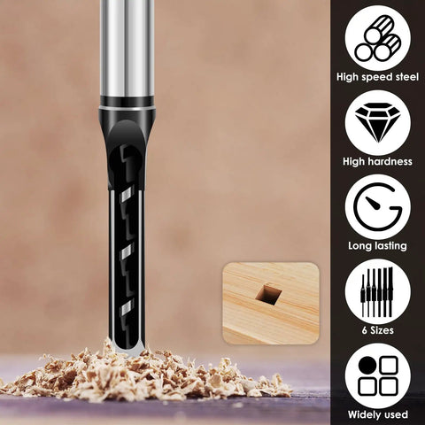 Close-up of Six Piece Square Hole Drill Bit Set High Speed Steel Mortising Chisel Bits For Woodworking Pine Mdf Particle Board 1/4 To 9/16 Inches, showing U-groove and wood shavings.