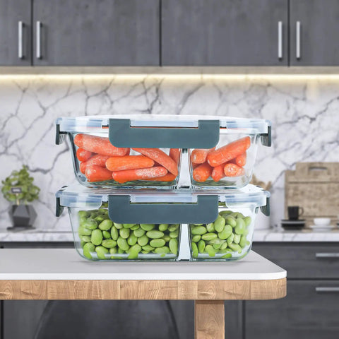 Two Compartment Glass Meal Prep Containers Pack Of 10 With Lids, 30 Oz Each, Airtight Food Storage on kitchen counter with vegetables