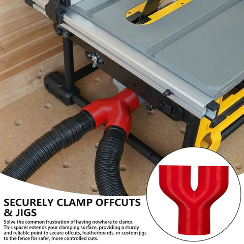 2.5 Inch Shop Vac Y Connector Splitter For Woodworking Tools & Dust Collection Systems with two hoses attached to a table saw.