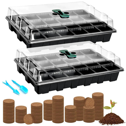 No Fuss Indoor Seed Starter Tray Kit Set For Quick Germination, 2 pack trays with coco pellets, humidity lids, and planting tools