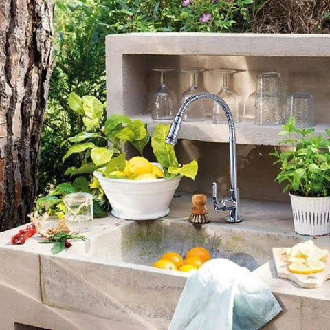 Outdoor Kitchen Sink Faucet, 360 Degree Rotatable, Deck Mounted, Single Hole, Single Handle Cold Water Tap With Flexible Neck