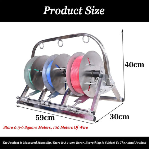 Heavy Duty Wire Spool Rack Dispenser With Adjustable Three Quarter Inch Rods For Industrial Cable Organization Wire Storage Caddy And Quick Replenishment Durable Easy Access Neat Wiring Solutions, dimensions 59x30x40cm.