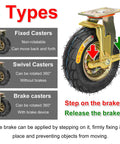 Tough As Nails Heavy Duty Pneumatic Caster Wheels 4 Pack 8 Inch 250mm showcasing fixed, swivel, and brake types with detailed features.