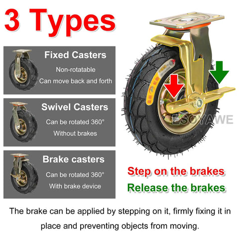 Tough As Nails Heavy Duty Pneumatic Caster Wheels 4 Pack 8 Inch 250mm showcasing fixed, swivel, and brake types with detailed features.