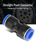 Straight push connector fitting for 1/4, 5/16, 3/8 tube, black plastic with blue collars