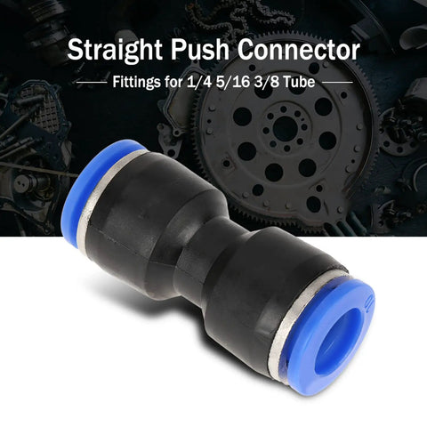 Straight push connector fitting for 1/4, 5/16, 3/8 tube, black plastic with blue collars