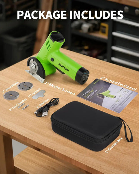 Electric Fabric And Cardboard Cutter, Smooth Cutting Machine With Durable Sk5 Blade, Eases Wrist Fatigue For Heavy Duty Shipping Box Trimming and Recycling Jobs Made Easy, including tools and accessories.