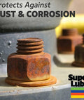 Super Lube silicone lubricant advertisement; front view of rusted steel bolts on metal machinery with logo bottom right