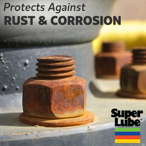 Super Lube silicone lubricant advertisement; front view of rusted steel bolts on metal machinery with logo bottom right