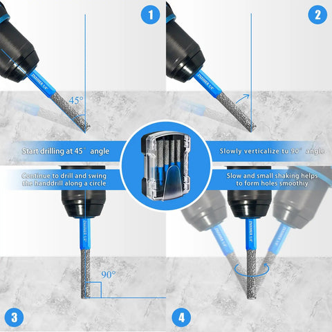 Instructional diagram showing 5-Piece Diamond Drill Bit Set For Tile And Stone usage at different angles on a tiled surface.