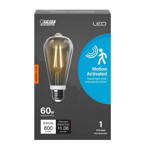 Smart Motion Sensor LED Bulb, 60W Equivalent, Soft White 2700K, E26 Base, Auto On Off When You Move, Energy Saver, Ideal For Hallways And Entryways, Perfect For Hallways, Staircases, And Entrances. ST19 bulb box