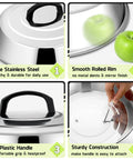 Features of Heavy Duty Stainless Steel Cheese Melt Dome Set Of Two, Killer Flat Top Grill Basting Cover showing stainless steel material and handle details.