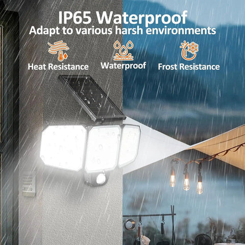 Game Changer Outdoor Solar Flood Lights With 243 LED 3500LM in rain showing IP65 waterproof feature on wall