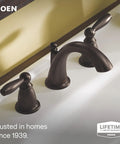 Heavy Duty Two Handle Widespread Bathroom Sink Faucet With Rich Oil Rubbed Bronze Finish And Flexible Eight To Sixteen Inch Spread For Quick Three Hole Setup Including Valve Kit For Zero Sweat Install, displayed in a sink.