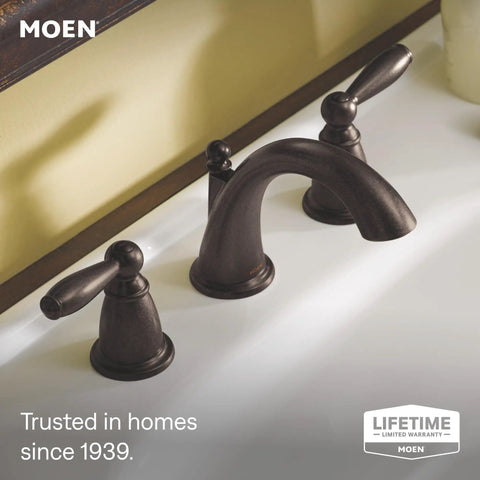 Heavy Duty Two Handle Widespread Bathroom Sink Faucet With Rich Oil Rubbed Bronze Finish And Flexible Eight To Sixteen Inch Spread For Quick Three Hole Setup Including Valve Kit For Zero Sweat Install, displayed in a sink.