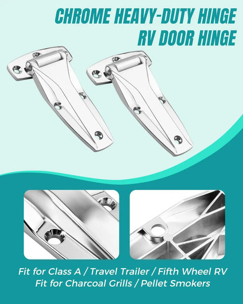 Two Pack Heavy Duty Chrome Zinc Alloy R V Door Hinges For Travel Trailers And Fifth Wheel Campers Plus Walk In Refrigeration Cooler Mounts And Bbq Grill Smocer Hardware Kit Wit Complete Bolt Set Inclued, chrome hinges view.