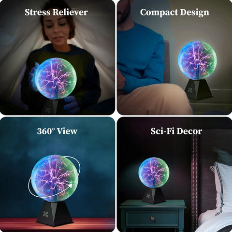 Eight Inch Interactive Plasma Ball Nebula Glow Globe With Touch And Sound Reactive Modes glowing in various settings