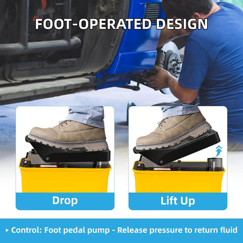 Air Hydraulic Foot Pump For Bead Breaker, 10,000 PSI Heavy Duty Auto Shop Tool, foot-operated pedal control shown in use