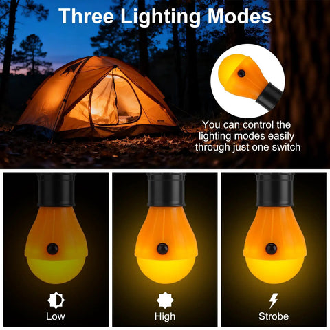 Soft Amber Sleep Lantern Bulbs, 4 Pack, Portable Hanging Bug Resistant Lights For Kids And Babies, Perfect For Camping, Hiking, Fishing, Decoration, And Gift, Batteries Not Included showcasing three lighting modes.