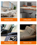 Mini electric linear actuator four-panel collage: medical care bed, lifting table, massage chair, electric bed.