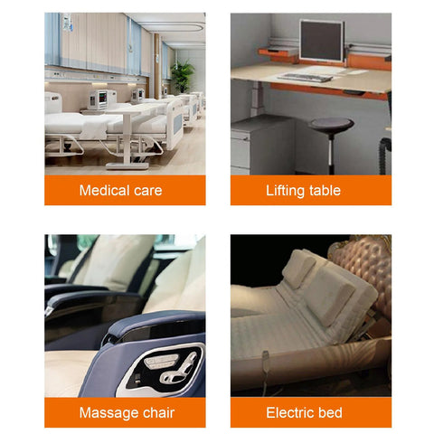 Mini electric linear actuator four-panel collage: medical care bed, lifting table, massage chair, electric bed.
