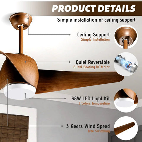 52 Inch Ceiling Fan With Lights And Remote 3 Blade Modern Quiet Reversible Ceiling Fan For Patio Living Room And Bedroom Sleek Brown Blade Design Easy Style Upgrade For Any Space, ceiling fan with brown blades and LED light kit