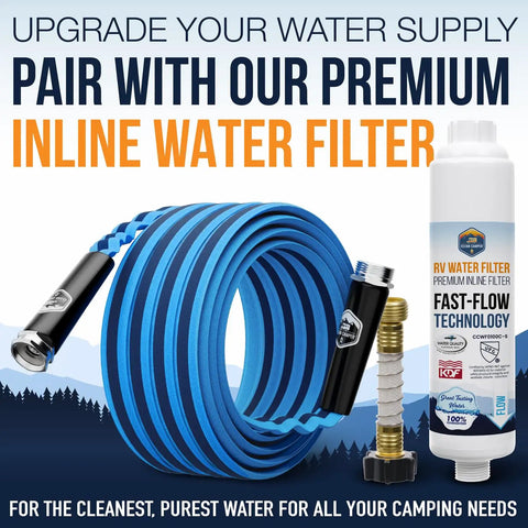 RV Fresh Water Drinking Hose 35 Feet With Kink Free Design coiled next to inline water filter for camping hookups
