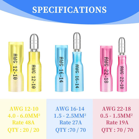 Specifications of 320 Piece Heat Shrink Bullet Connectors Kit With Female And Male Terminals Insulated Waterproof Electrical Marine Crimp Automotive Connectors Durable Marine Grade Weatherproof Splice Protectors For Fast Secure Connections In Cars Boats And RVs