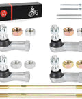 Left And Right Tie Rod End Kits For TRX350 Rancher 350 And TRX400 Rancher 400 OEM Style Replacement Direct Fit Steering Ends Beefy Build For Easy Install Includes Both Sides For Precise Alignment. silver tie rod ends with lock nuts, threaded rods, and box