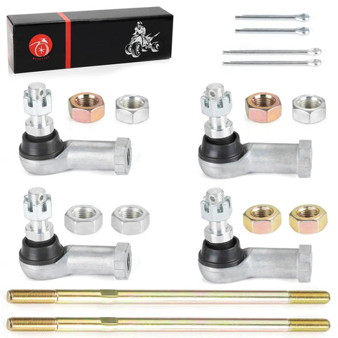 Left And Right Tie Rod End Kits For TRX350 Rancher 350 And TRX400 Rancher 400 OEM Style Replacement Direct Fit Steering Ends Beefy Build For Easy Install Includes Both Sides For Precise Alignment. silver tie rod ends with lock nuts, threaded rods, and box