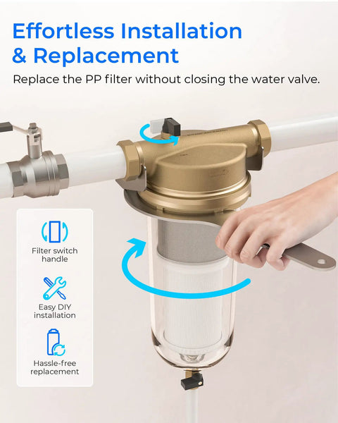 Heavy Duty Spin Down Sediment Filter Kicks Out Nasty Grit And Rust For Your Whole House Setup Easy Backwash Design shows filter installation step.