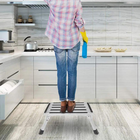 Person using Heavy Duty Aluminum Working Platform Step Stool Ladder for RV Camper SUV Up To 500lbs with Non Slip Surface in kitchen