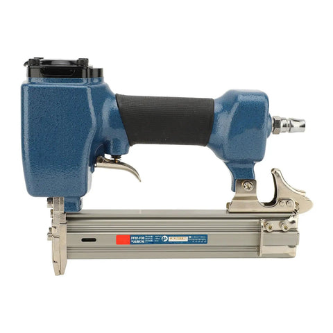 Pro Grade Cast Aluminum Air Brad Nailer For Woodworking And Ceiling Trim side view showcasing the rugged design and smooth grip.