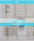 List of compatible LG and Kenmore washer models for Washing Shift Actuator Coupling Assembly Replacement, displayed on background